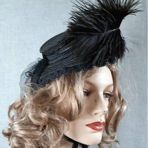 1800s Victorian Straw Mini Hat with Huge plume feather A+ Condition